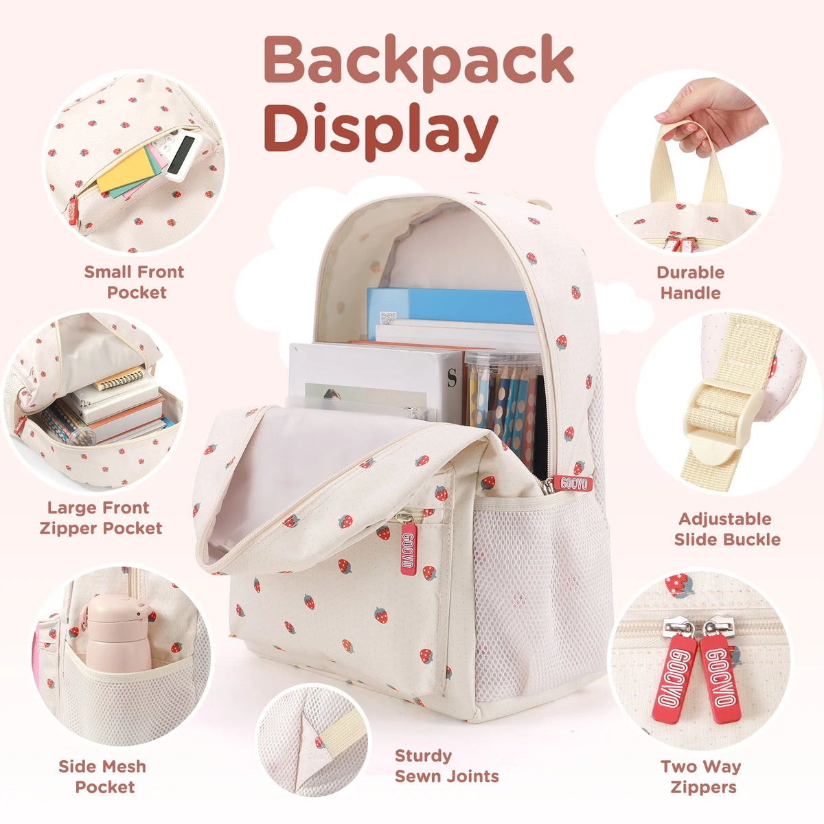 Kids Backpack for Girls, Waterproof Teens Bookbag Cute School Backpacks, Beige Strawberry Pattern