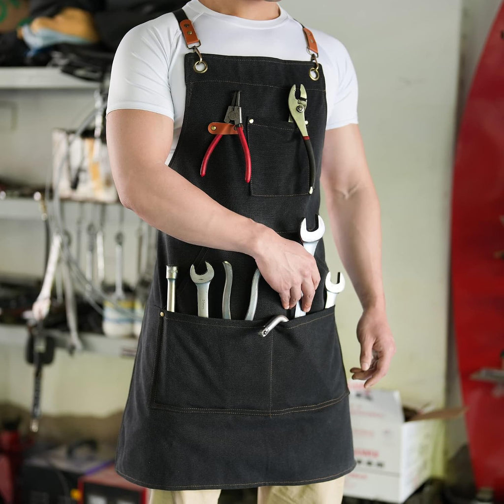 Canvas Aprons for Men Women, Heavy Duty BBQ Apron with Pockets | 100% Cotton Canvas, 16Oz Adjustable Cross Back Apron with Hardware Buckle, 32" X 27" Full Coverage, for Kitchen Grilling