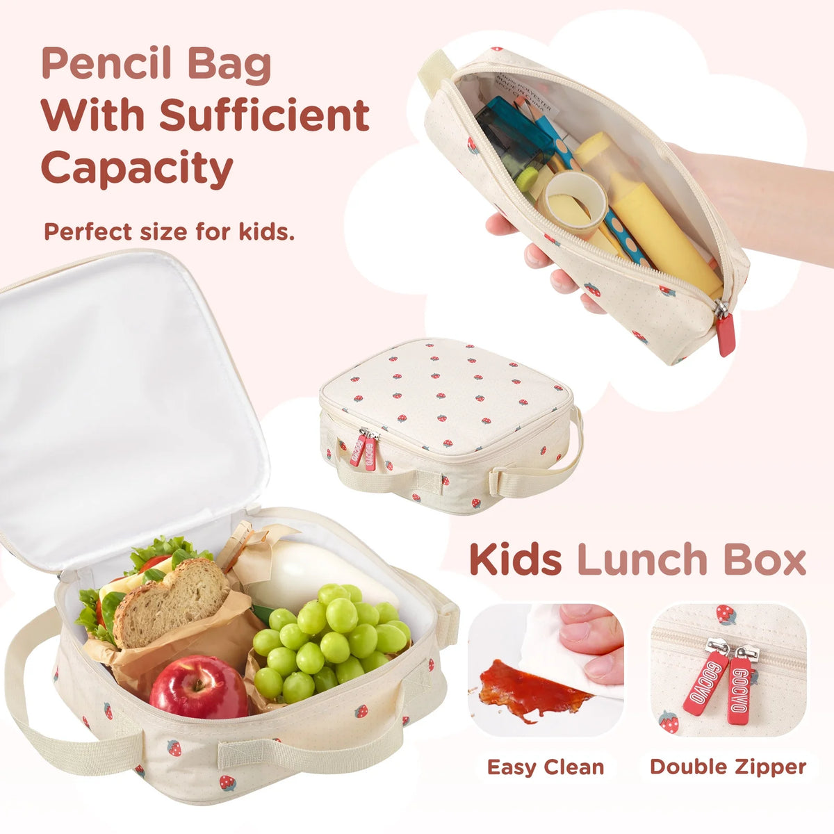 Kids Backpack for Girls, Waterproof Teens Bookbag Cute School Backpacks, Beige Strawberry Pattern