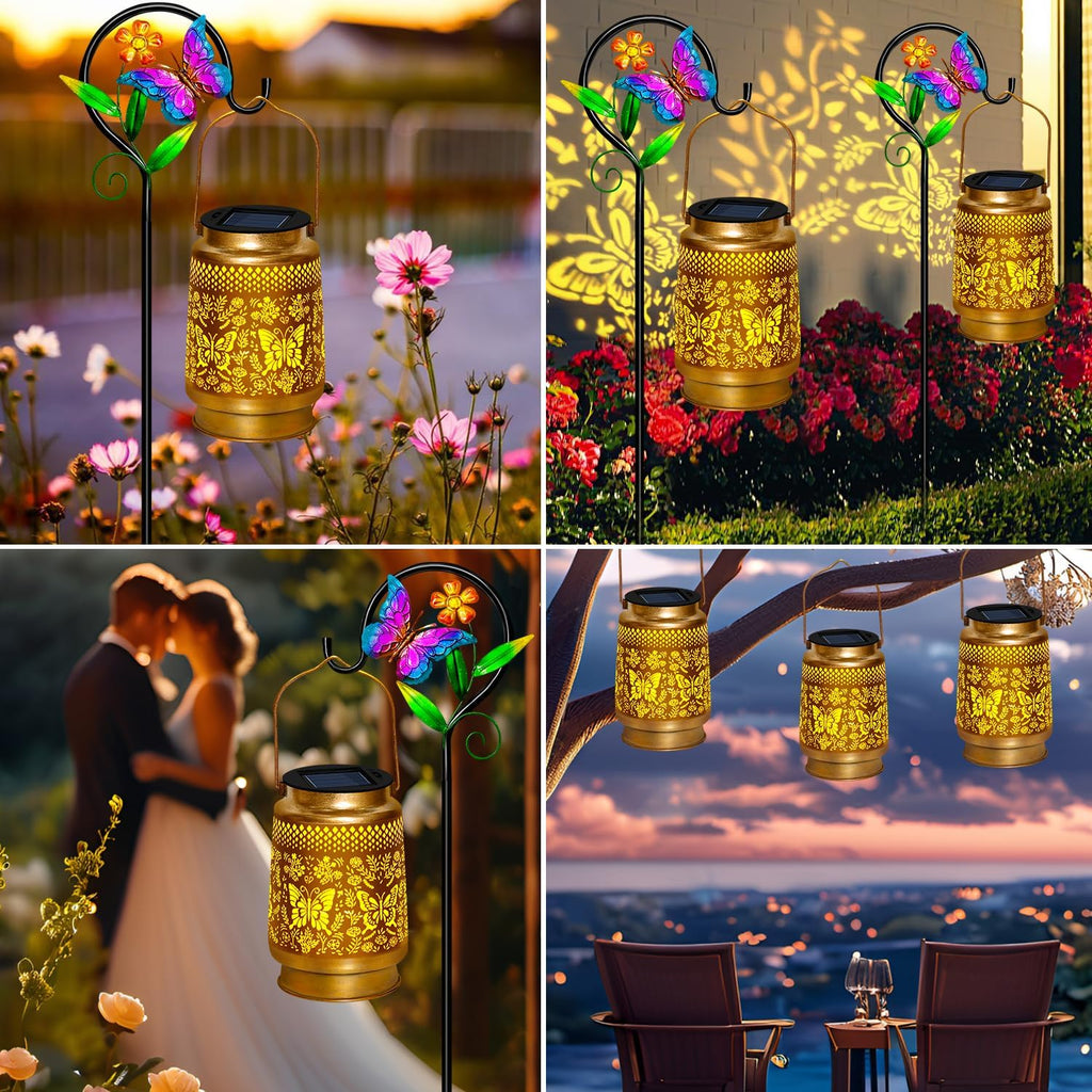 2 Packs Butterfly Solar Lanterns Outdoor Waterproof with Shepherd Hook | Butterfly Garden Decor,Christmas Birthday Gifts for Women Mom,Hanging Solar Lights Decorative for Patio,Porch