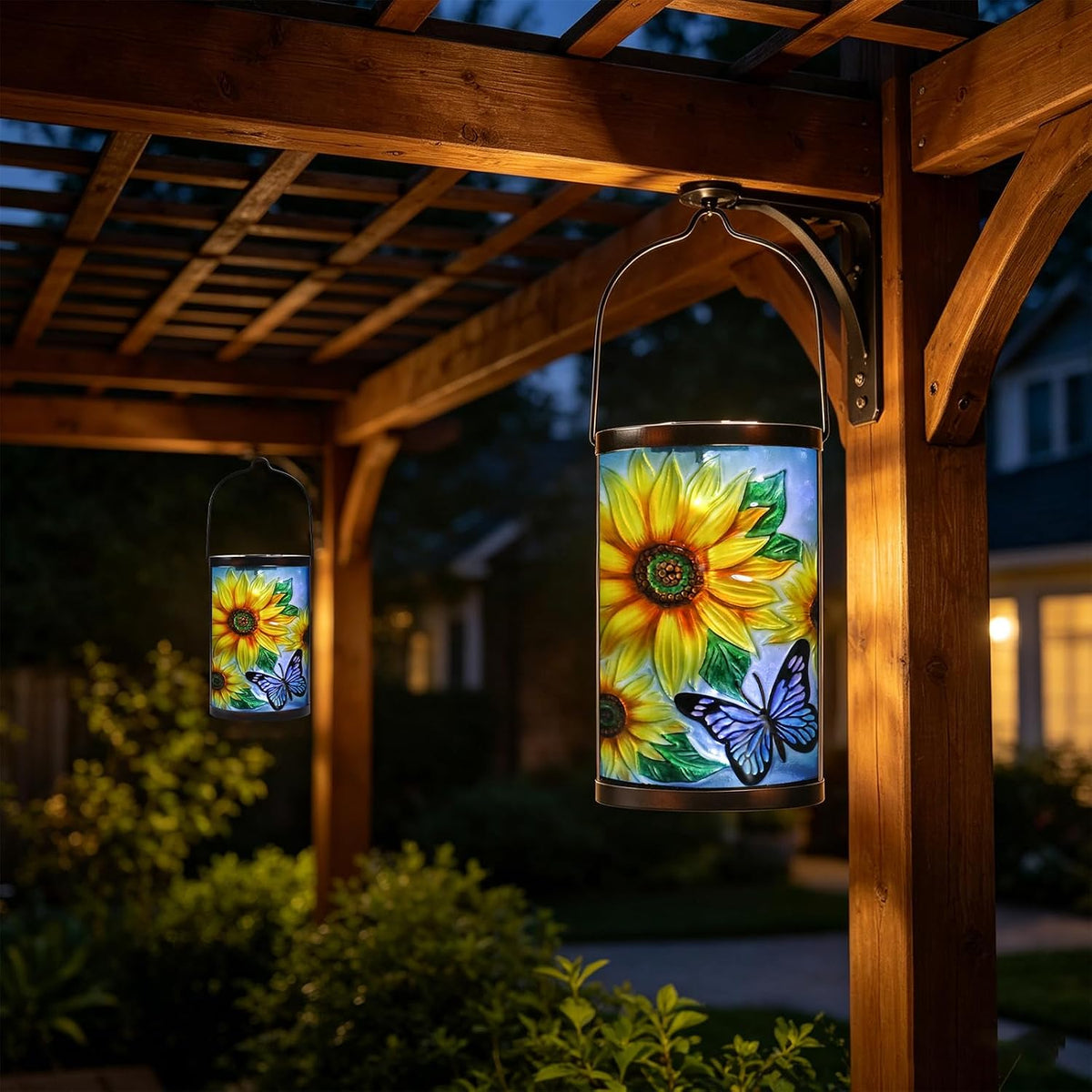 Sunflower Solar Lantern Outdoor Waterproof Hanging Garden Lights | Raised Sunflower Artwork, Colorful Fused Glass, Warm Dusk Glow, Solar Auto On/Off, Hangs or Stands on Patio, Porch and Garden