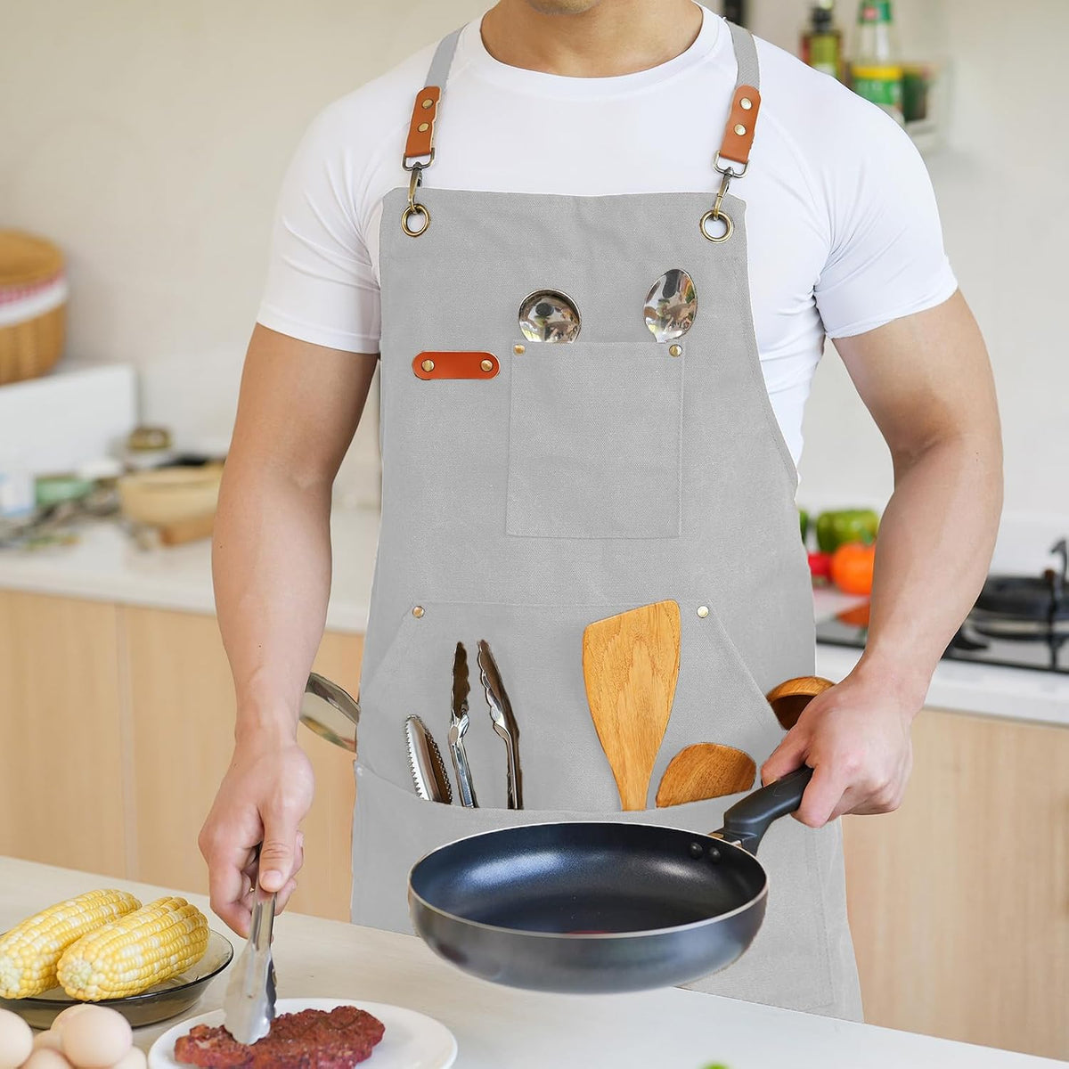 Canvas Aprons for Men Women, Heavy Duty BBQ Apron with Pockets | 100% Cotton Canvas, 16Oz Adjustable Cross Back Apron with Hardware Buckle, 32" X 27" Full Coverage, for Kitchen Grilling