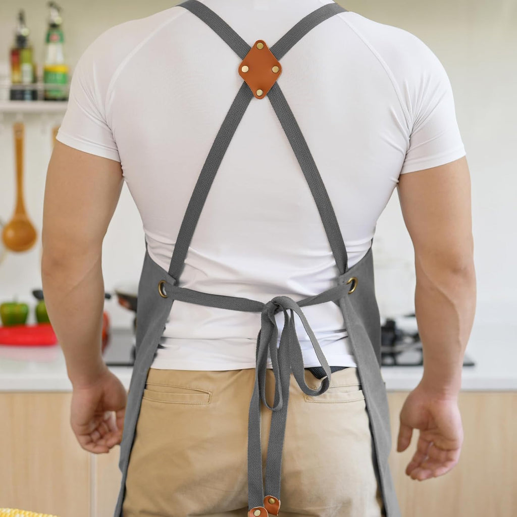 Canvas Aprons for Men Women, Heavy Duty BBQ Apron with Pockets | 100% Cotton Canvas, 16Oz Adjustable Cross Back Apron with Hardware Buckle, 32" X 27" Full Coverage, for Kitchen Grilling
