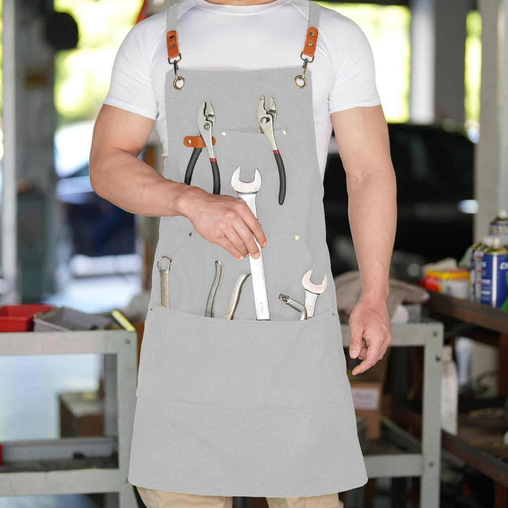 Canvas Aprons for Men Women, Heavy Duty BBQ Apron with Pockets | 100% Cotton Canvas, 16Oz Adjustable Cross Back Apron with Hardware Buckle, 32" X 27" Full Coverage, for Kitchen Grilling
