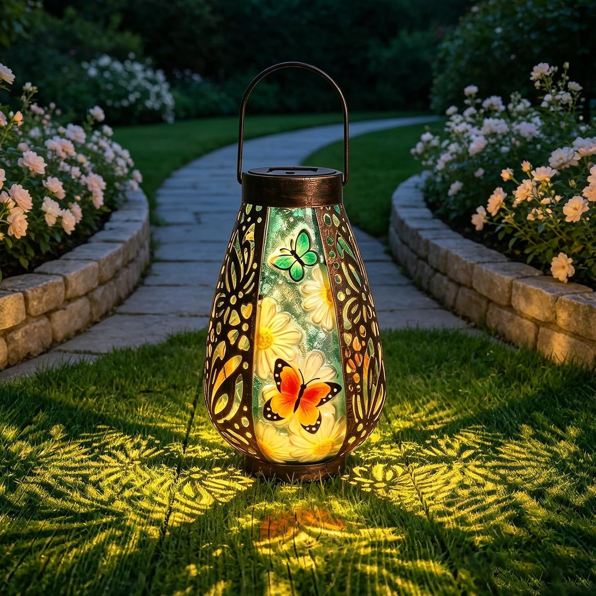 Butterfly Solar Lantern Outdoor Waterproof Hanging Garden Lights | Butterfly Artwork, Warm Glow with Floral Shadows, Solar Powered, Weather-Resistant Hanging Decor for Patio Garden and Yard