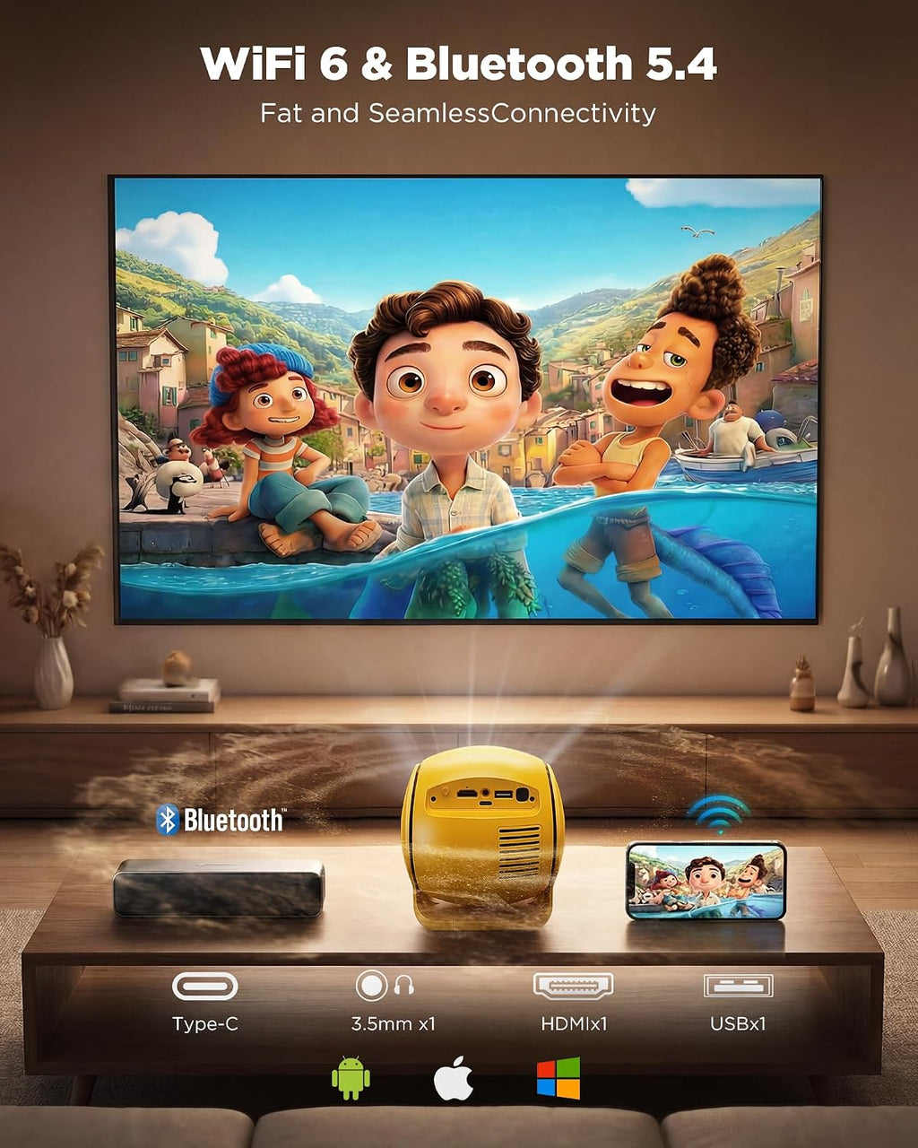 [ Ultra Short Throw & Built-In Apps ] Android 14 Smart Projector with Wifi and Bluetooth, USB-C Powered, 1080P FHD HDR10, Auto Focus/Keystone,  Mini Portable Projector for Bedroom/Outdoor, Yellow