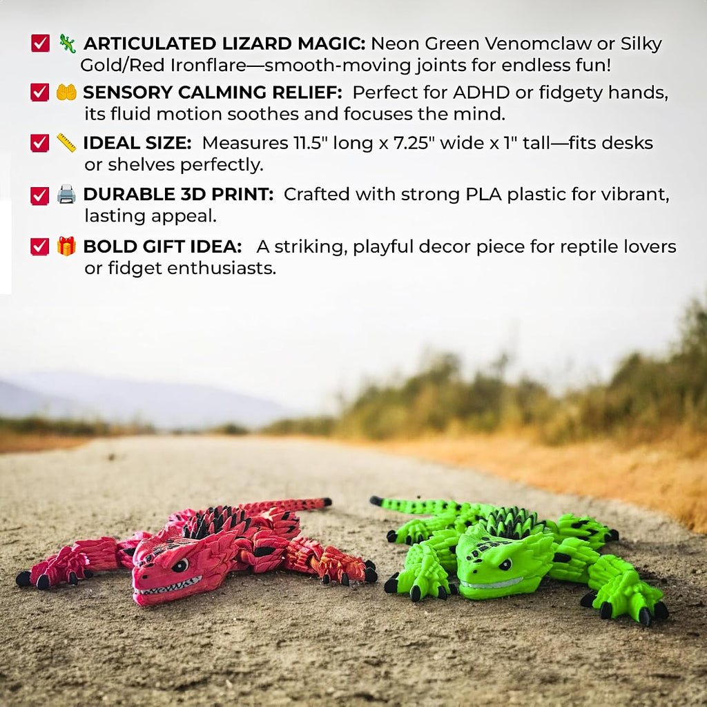 Stylish Articulated Armadillo Lizard - 3D Printed with Vibrant Hues, Calming Fidget Figurine for ADHD, Playful Reptile Model for Trendy Desks, Homes, Displays, Smooth Joint Movement (Green VENOMCLAW)