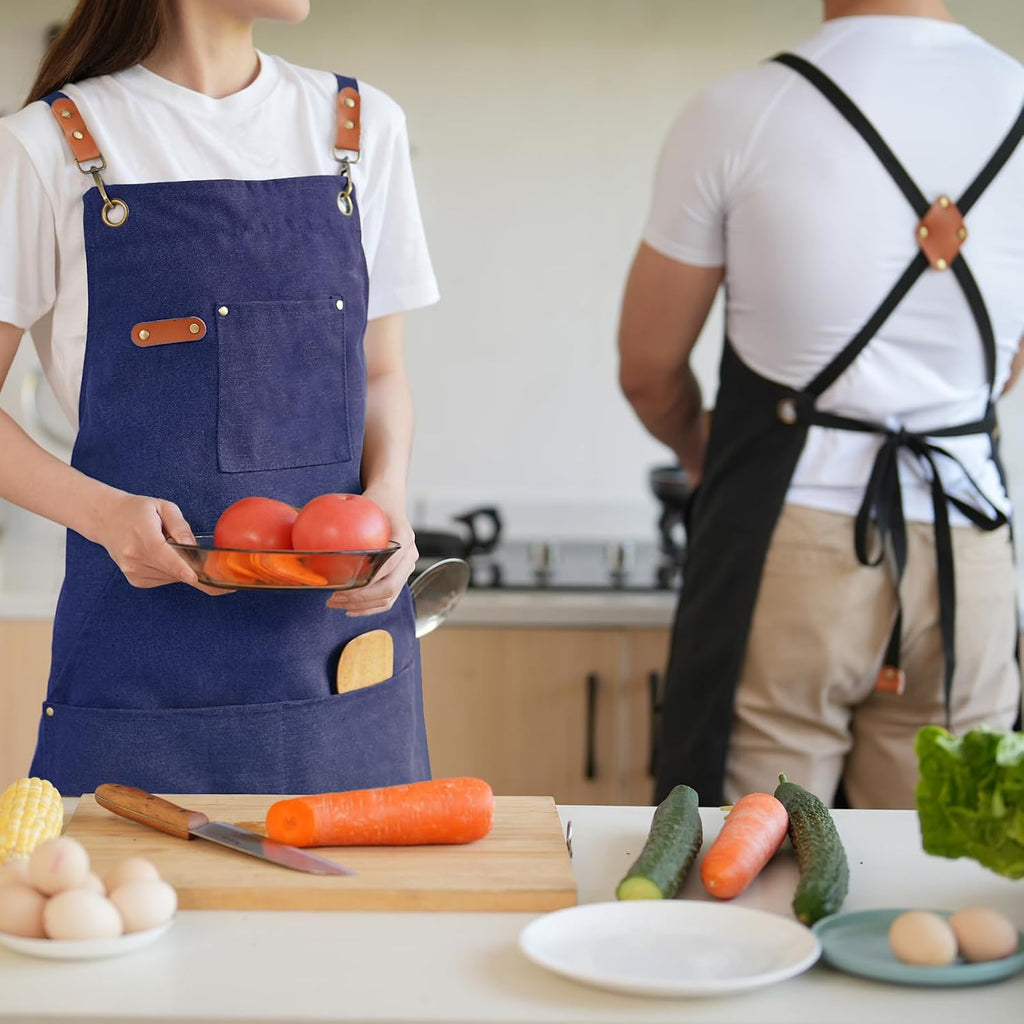 Canvas Aprons for Men Women, Heavy Duty BBQ Apron with Pockets | 100% Cotton Canvas, 16Oz Adjustable Cross Back Apron with Hardware Buckle, 32" X 27" Full Coverage, for Kitchen Grilling