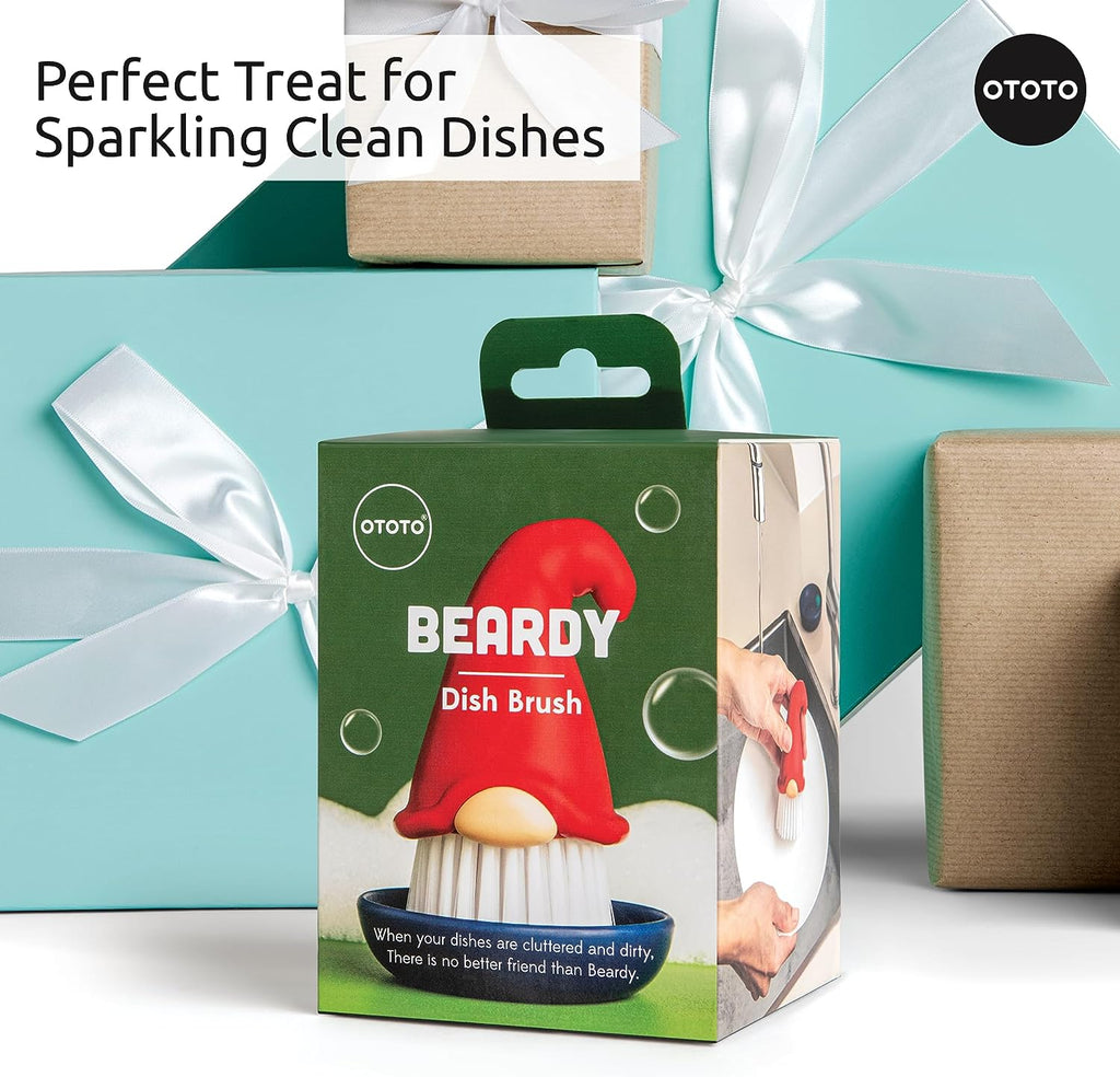 Gnome Dish Brush with Handle - Cleaning Brush, Vegetable Brush, Dish Scrub, Gnome Handle, Unique Kitchen Gadgets, Funny Kitchen Tools, Useful Gifts for Women (Beardy Red)
