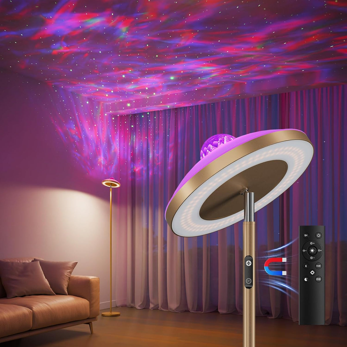 3-In-1 Floor Lamp, RGB Aurora & Galaxy Star Projector, 69", Gold | Magnetic Remote & Touch, 1400 Lm, 3000K–6000K Tunable White, 10%–100% Dimmable, 1 Hr Timer for Bedrooms, Kids' Rooms & Gaming