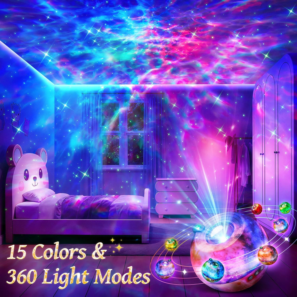 Galaxy Projector Night Light Projector, 15-Color Star Projector for Bedroom | 15 White Noises, 7 Brightness, 4 Speed,Green Star,Bluetooth,Romote,Timer,Teen Boys Gift,Ceiling,Room Decor,Relax,Ocean,Space