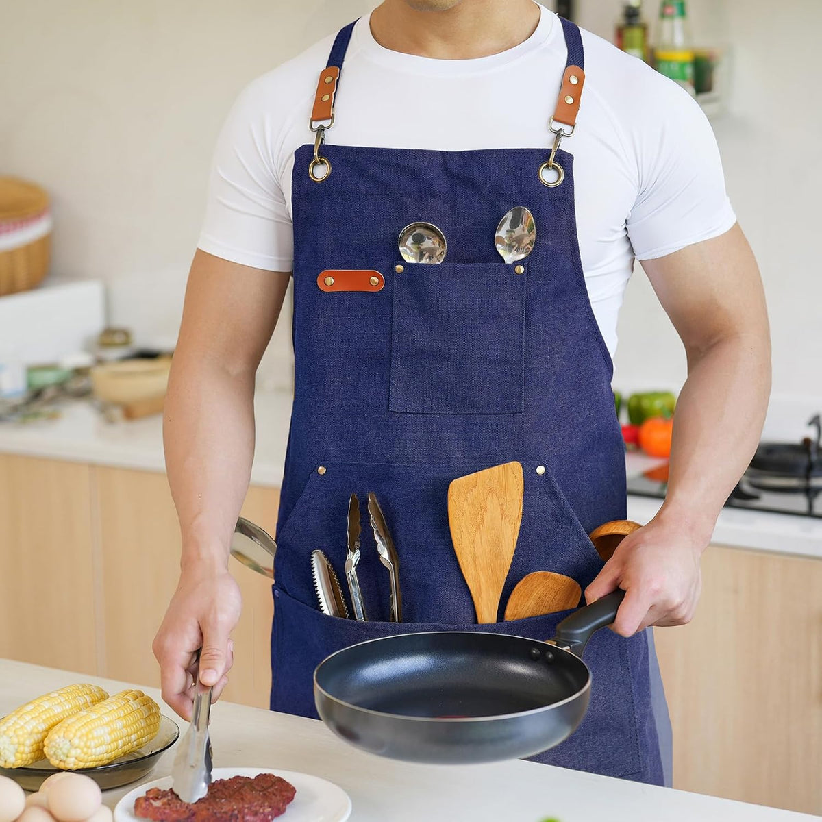 Canvas Aprons for Men Women, Heavy Duty BBQ Apron with Pockets | 100% Cotton Canvas, 16Oz Adjustable Cross Back Apron with Hardware Buckle, 32" X 27" Full Coverage, for Kitchen Grilling