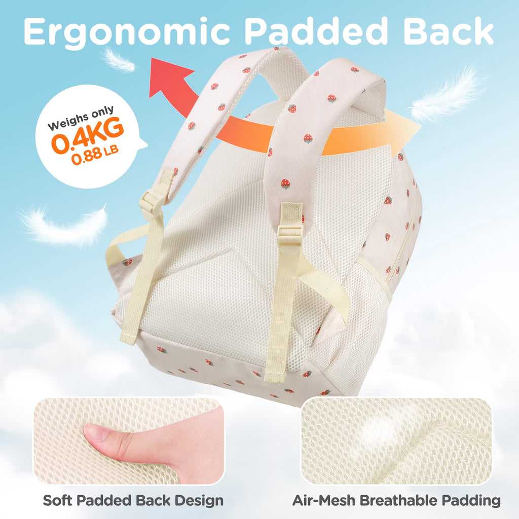 Kids Backpack for Girls, Waterproof Teens Bookbag Cute School Backpacks, Beige Strawberry Pattern