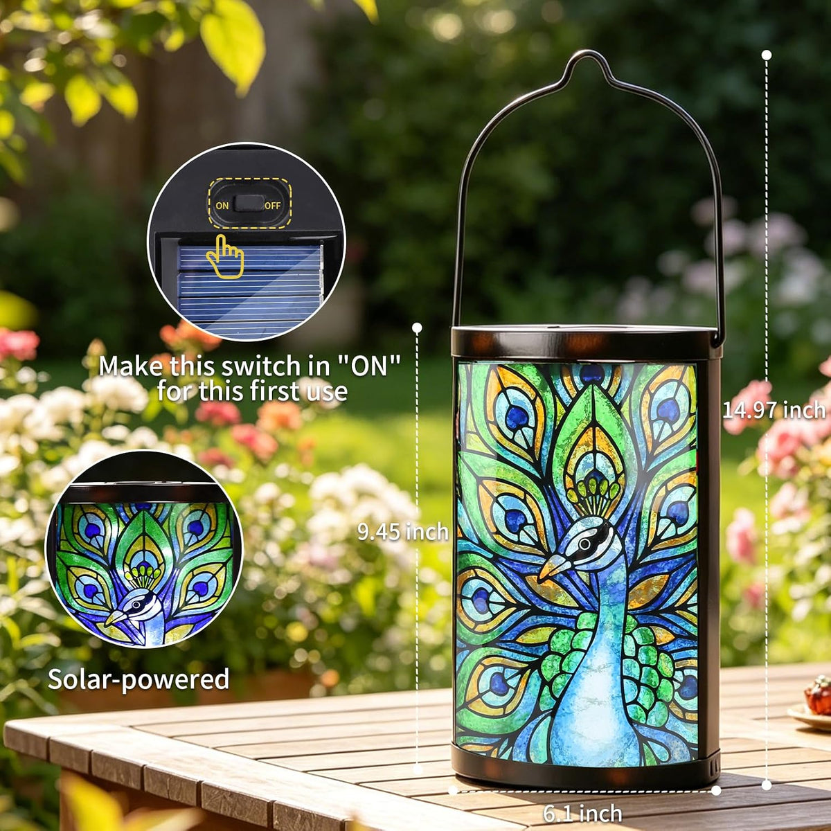 Peacock Glass Solar Lantern Waterproof Outdoor Hanging Garden Light | Raised Peacock Artwork, Colorful Fused Glass, Warm Dusk Glow, Solar Auto On/Off, Hangs or Stands on Patio, Porch and Garden