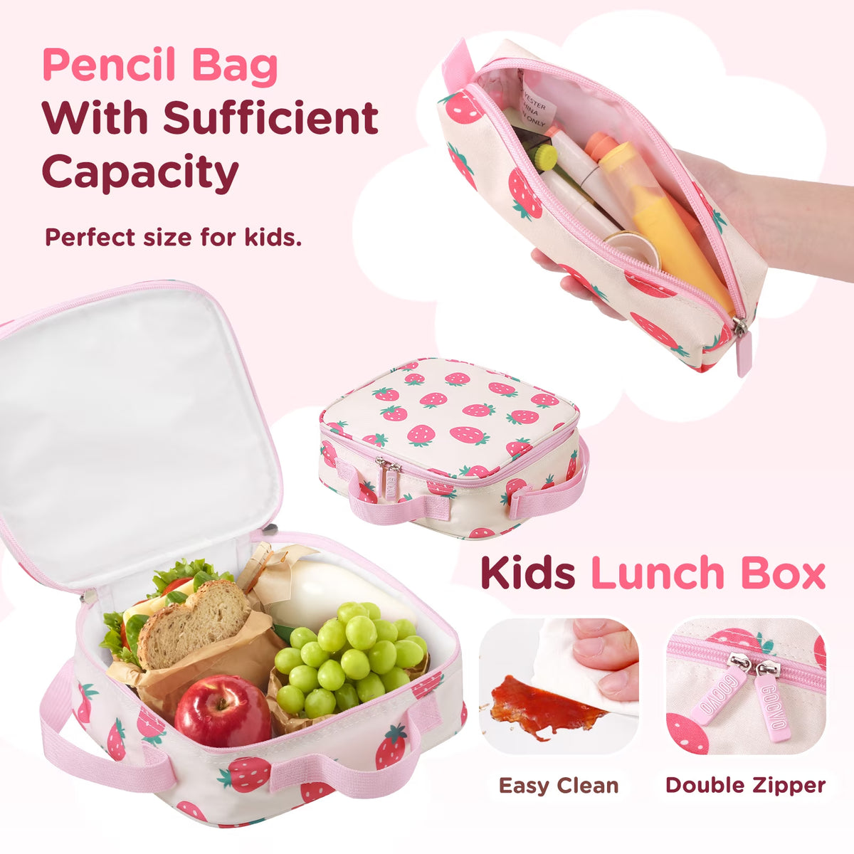 Kids Backpack for Girls, Waterproof Teens Bookbag Cute School Backpacks, Strawberry Pattern