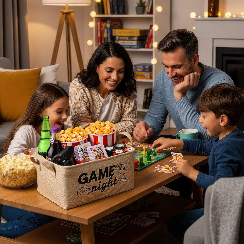 Game Night Snack Tray Game Night Gift Basket Dice and Poker Design Reusable Burlap Storage Organizer Basket for Fun Housewarming Gift for Families
