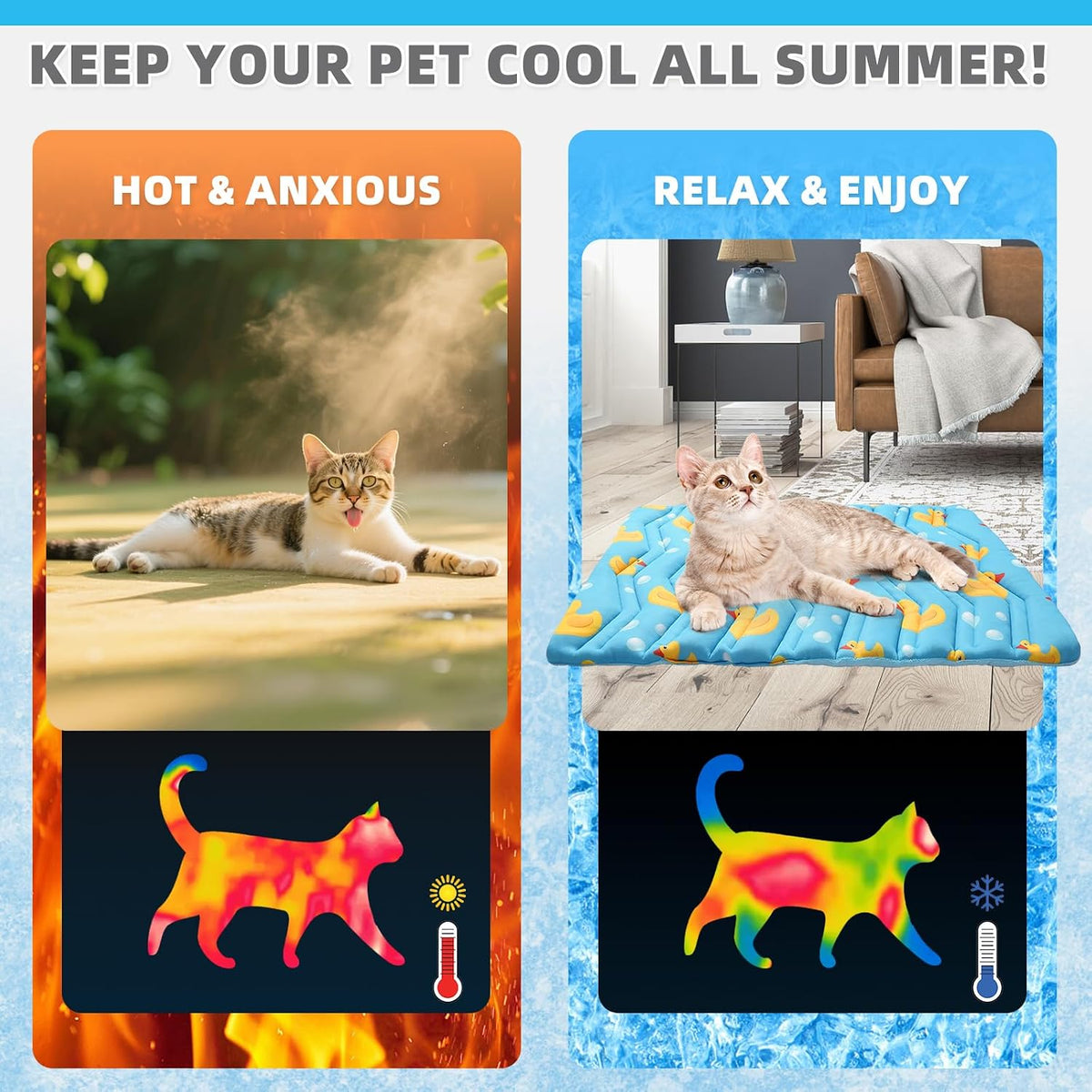 Cat Cooling Mat, Upgraded Two Sided Cooling Pad for Cats Puppy Small Animals, Rabbit Bunny Guniea Pig Keep Cool in Summer, Washable Waterproof for Crate Sofa Bed, Blue Duck S