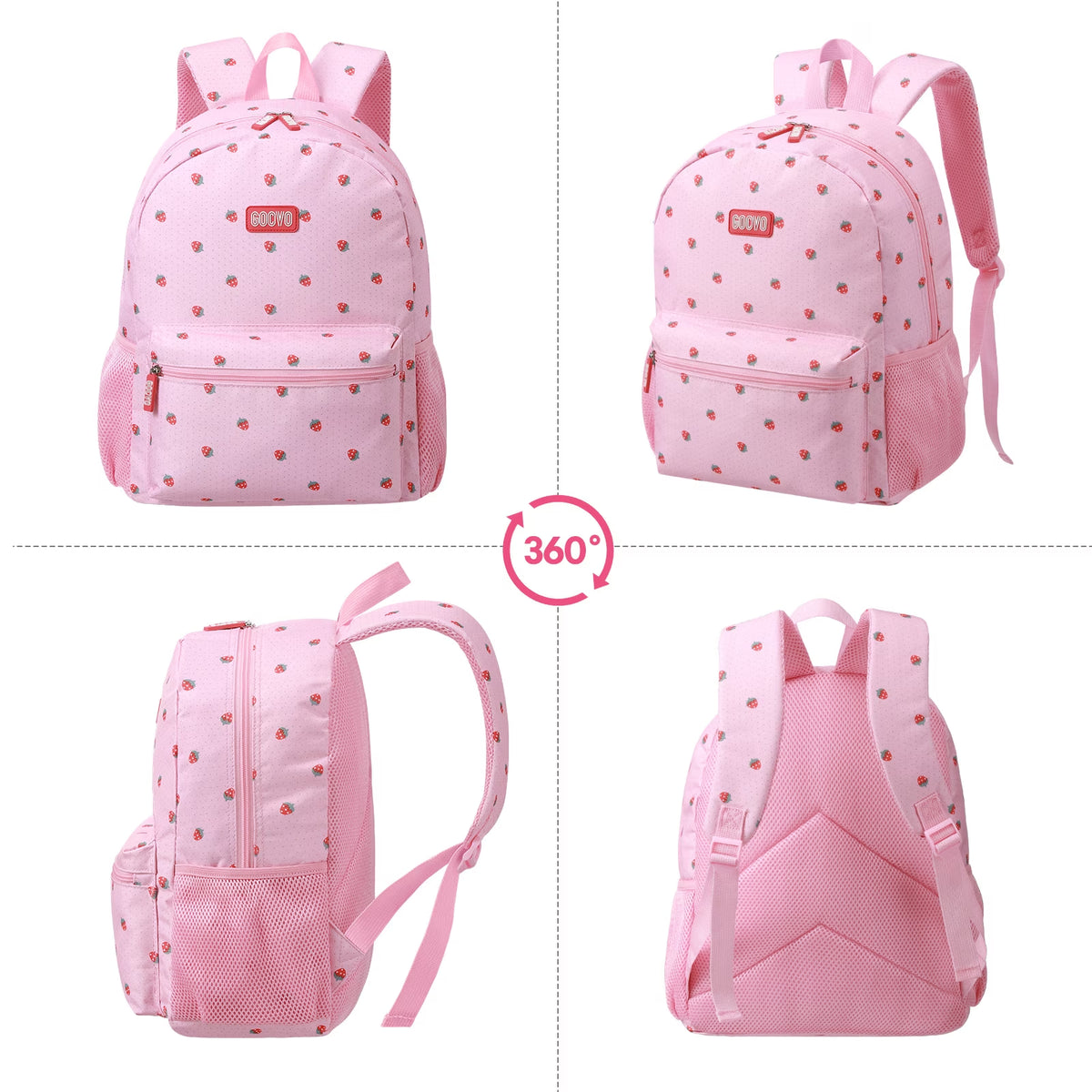 Kids Backpack for Girls, Waterproof Teens Bookbag Cute School Backpacks, Pink Strawberry Pattern