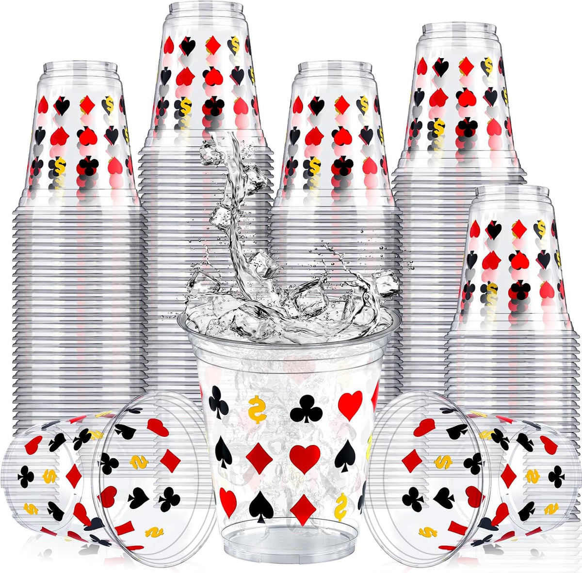 Casino Party Decorations Cups 50 Pack, Las Vegas Casino Cups 12 Oz Disposable Plastic Poker Cups with Playing Card Suits for Casino Game Night Party Supplies, Vegas Birthday Favors