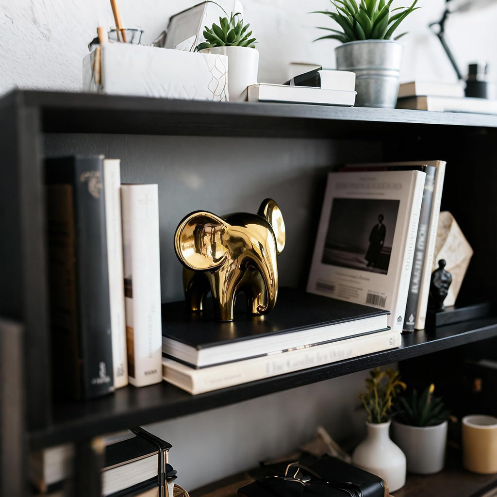Elephant Figurine, Ceramic Elephant Statue with Metallic Mirror Finish, Modern Shelf & Table Decor, Good Luck Housewarming Gift for Living Room or Office (Female, Gold)