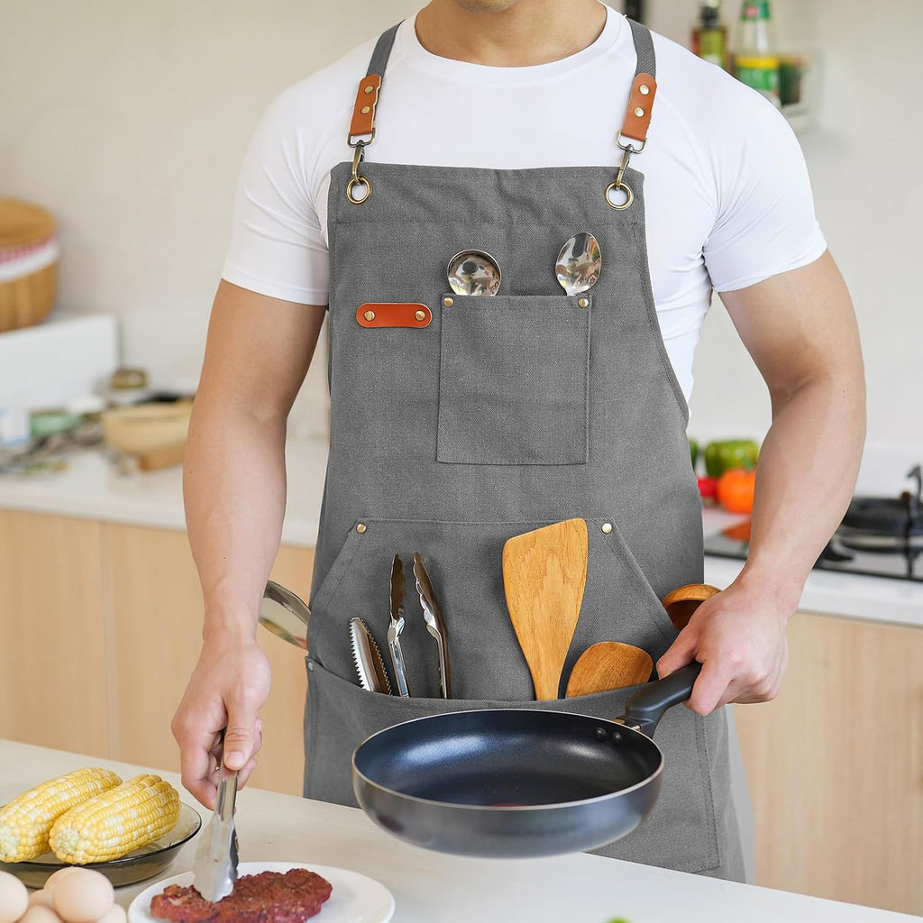 Canvas Aprons for Men Women, Heavy Duty BBQ Apron with Pockets | 100% Cotton Canvas, 16Oz Adjustable Cross Back Apron with Hardware Buckle, 32" X 27" Full Coverage, for Kitchen Grilling