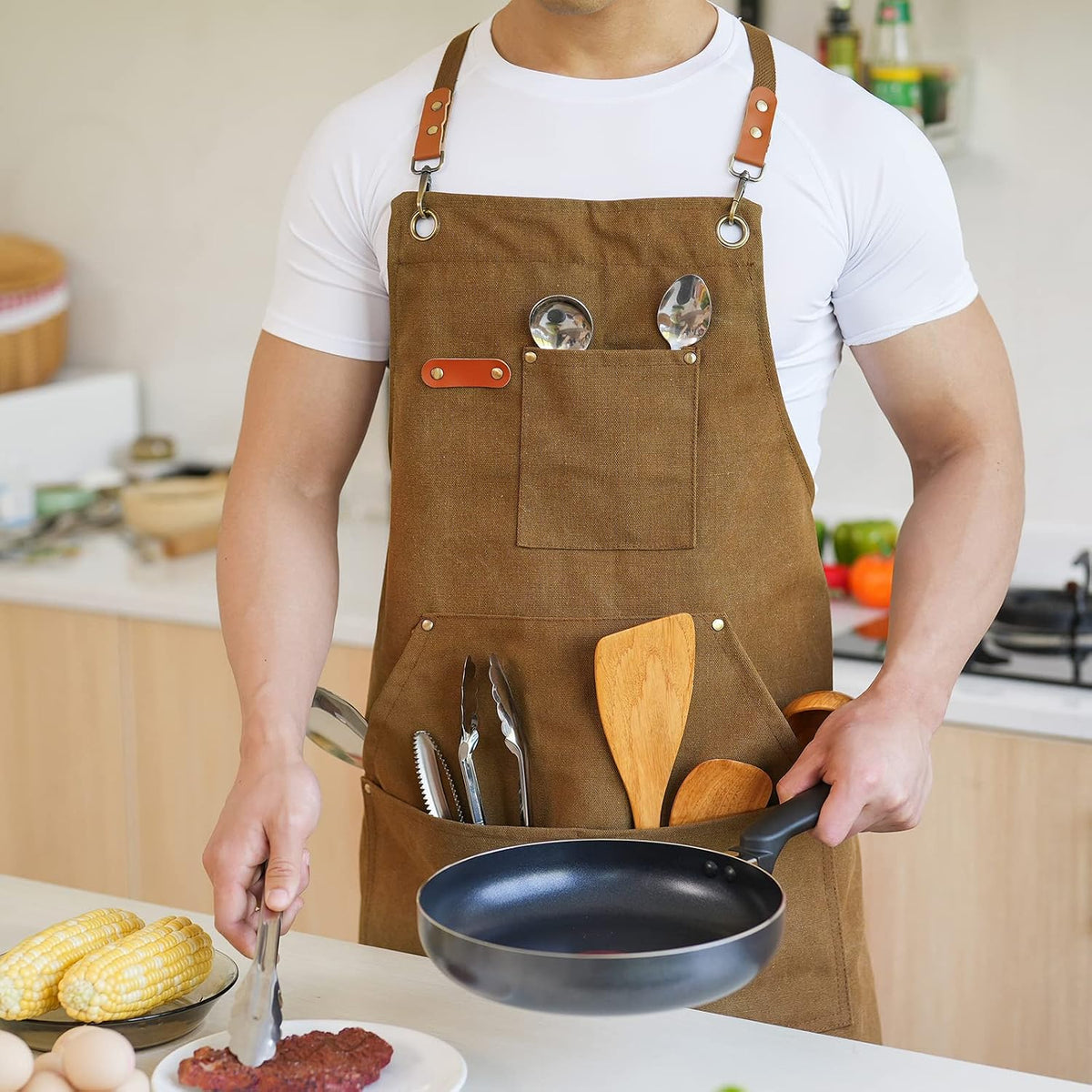 Canvas Aprons for Men Women, Heavy Duty BBQ Apron with Pockets | 100% Cotton Canvas, 16Oz Adjustable Cross Back Apron with Hardware Buckle, 32" X 27" Full Coverage, for Kitchen Grilling