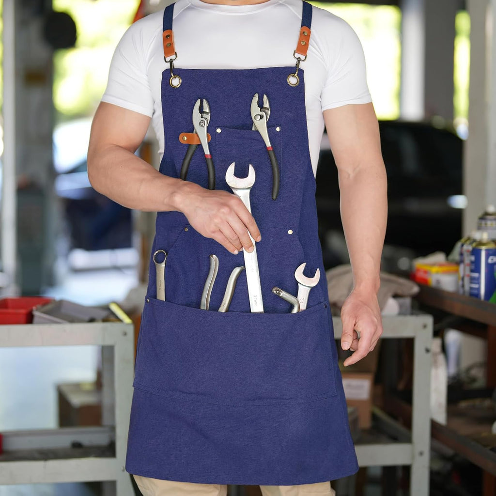 Canvas Aprons for Men Women, Heavy Duty BBQ Apron with Pockets | 100% Cotton Canvas, 16Oz Adjustable Cross Back Apron with Hardware Buckle, 32" X 27" Full Coverage, for Kitchen Grilling
