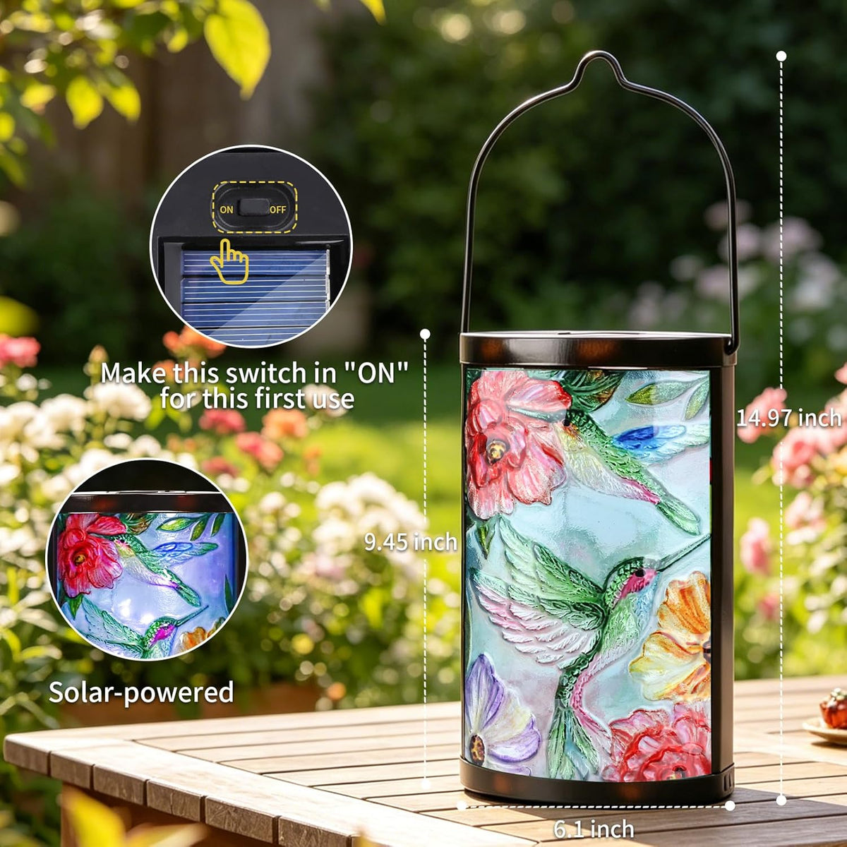 Hummingbird Solar Lantern Waterproof Outdoor Hanging Garden Light | Raised Hummingbird Artwork, Colorful Fused Glass, Warm Dusk Glow, Solar Auto On/Off, Hangs or Stands on Patio and Porch