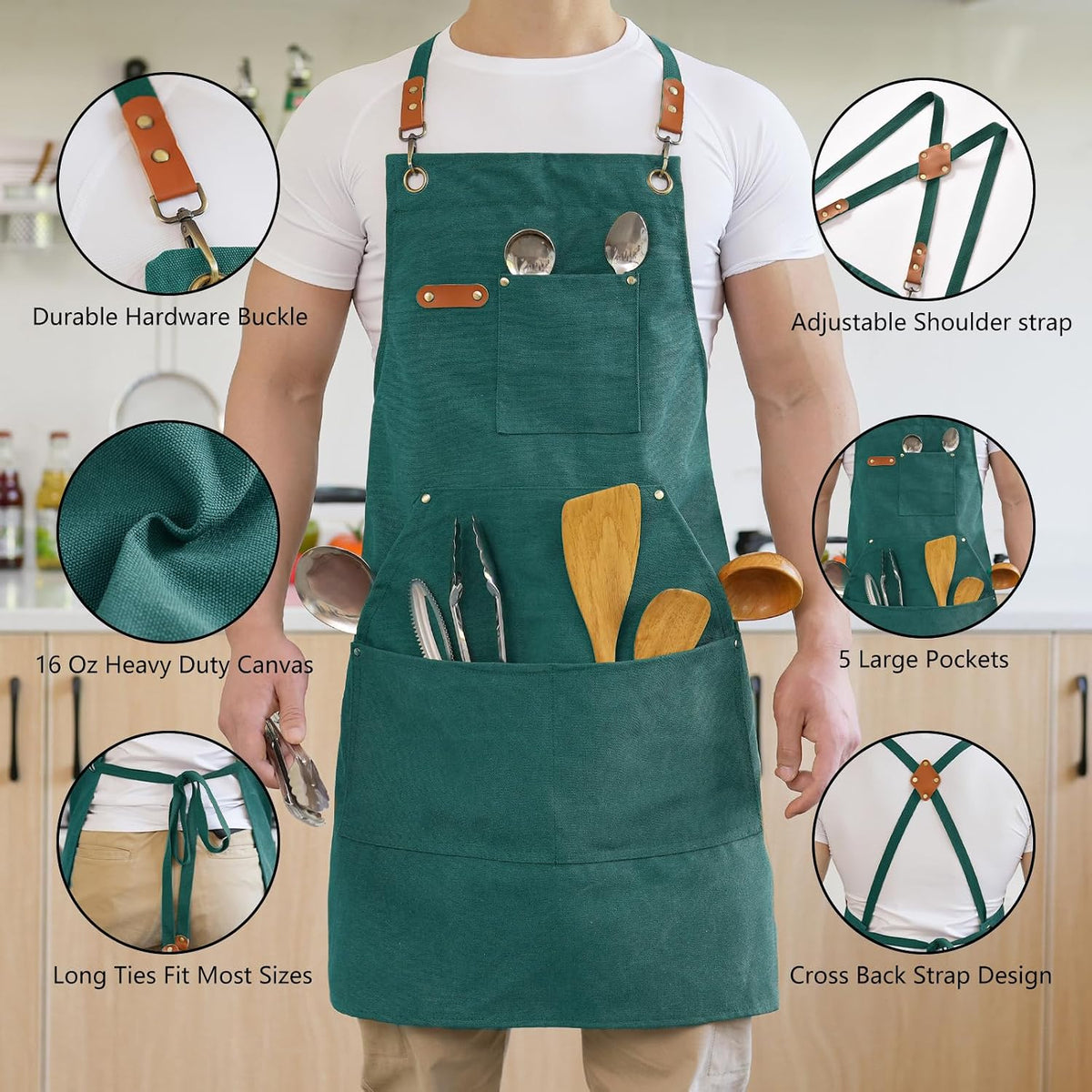 Canvas Aprons for Men Women, Heavy Duty BBQ Apron with Pockets | 100% Cotton Canvas, 16Oz Adjustable Cross Back Apron with Hardware Buckle, 32" X 27" Full Coverage, for Kitchen Grilling