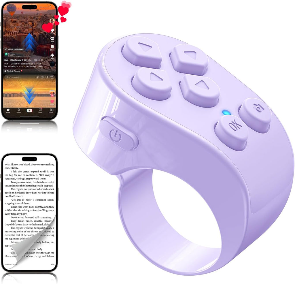 Tiktok Scrolling Ring Remote Control, Page Turner for Ipad Iphone Tablets | Wireless Camera Remote, Bluetooth Scrolling Ring for Tiktok Youtube Instagram Ios Android, Ergonomic Flexible Ring (Purple)