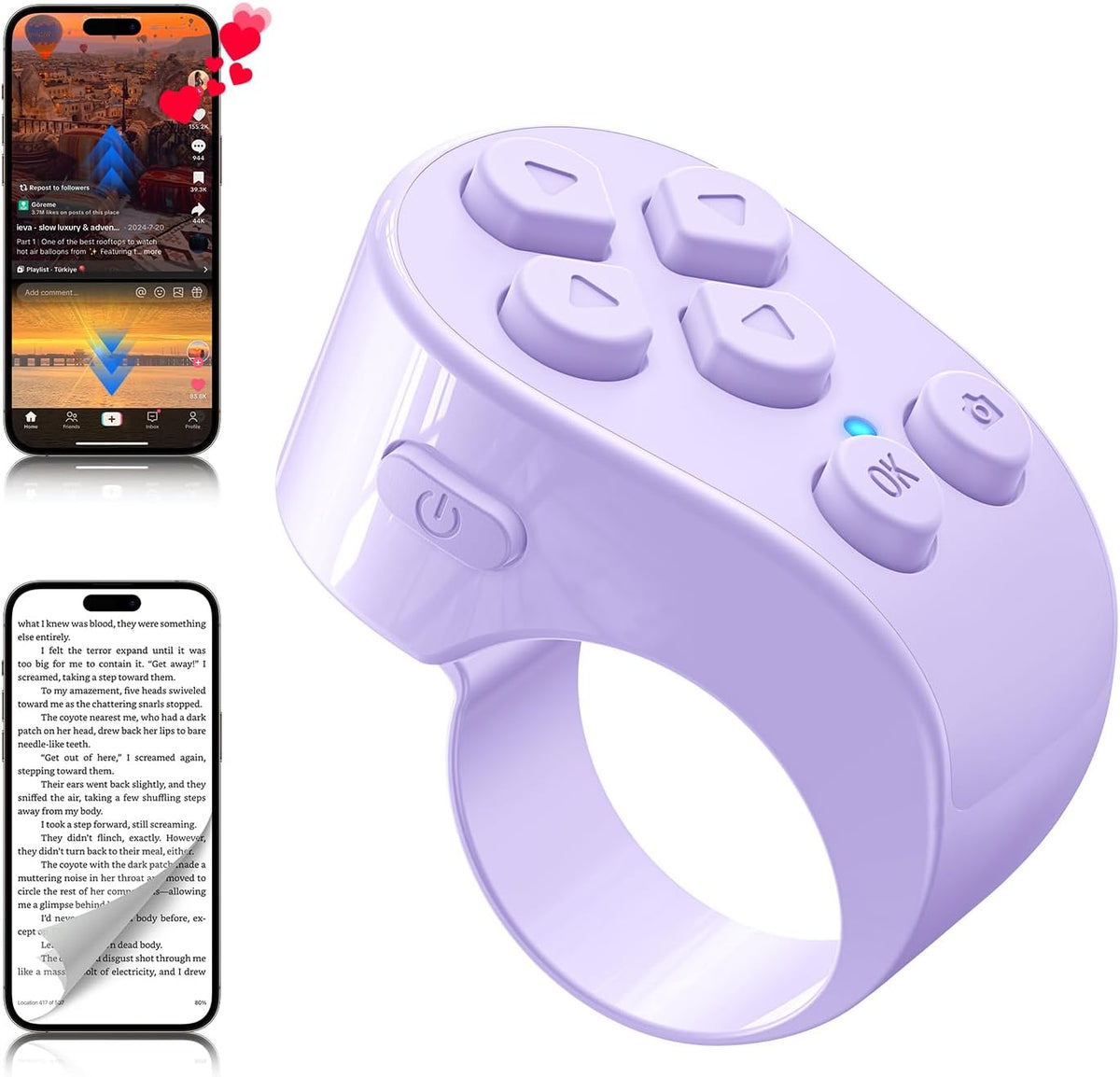 Tiktok Scrolling Ring Remote Control, Page Turner for Ipad Iphone Tablets | Wireless Camera Remote, Bluetooth Scrolling Ring for Tiktok Youtube Instagram Ios Android, Ergonomic Flexible Ring (Purple)