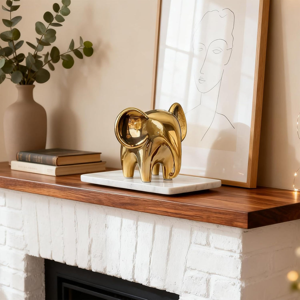 Elephant Figurine, Ceramic Elephant Statue with Metallic Mirror Finish, Modern Shelf & Table Decor, Good Luck Housewarming Gift for Living Room or Office (Female, Gold)