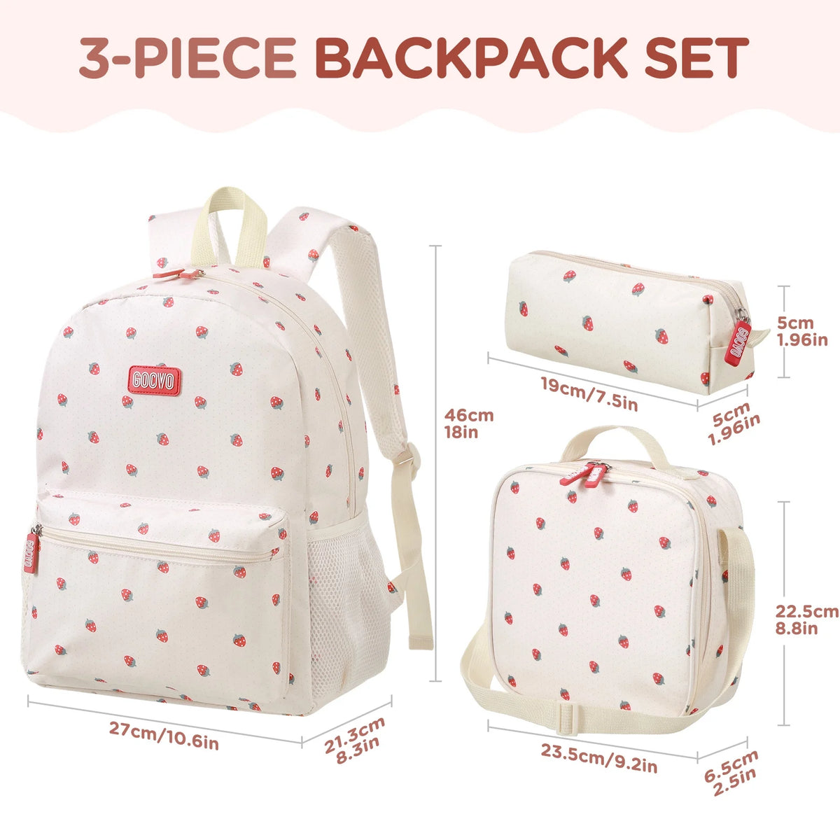 Kids Backpack for Girls, Waterproof Teens Bookbag Cute School Backpacks, Beige Strawberry Pattern