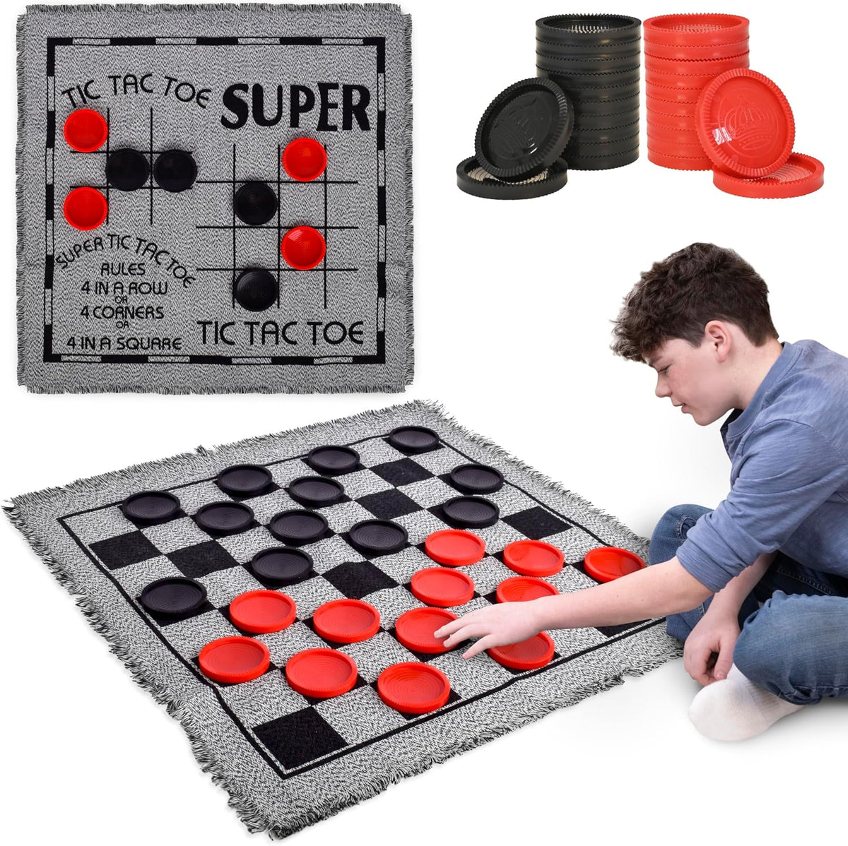 Giant Checkers Set - 3-In-1 with Reversible Mat - Ages 6+ | 28 in Play Surface, 25 Jumbo Pieces, Plastic Construction, Includes Storage Bag, 2 Player Game, 26 X 26 in Board