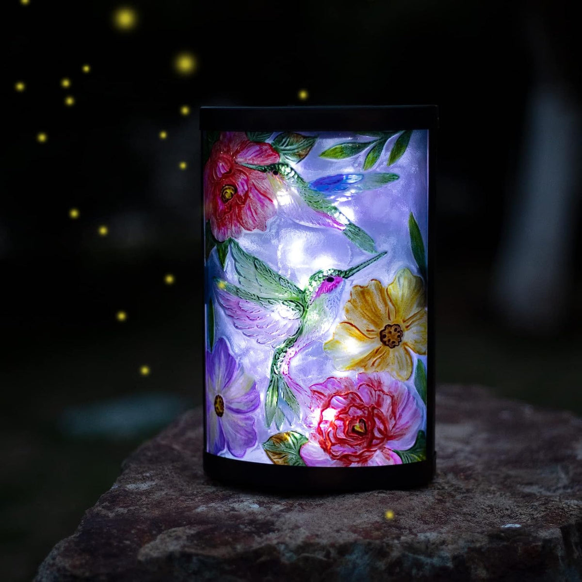 Hummingbird Solar Lantern Waterproof Outdoor Hanging Garden Light | Raised Hummingbird Artwork, Colorful Fused Glass, Warm Dusk Glow, Solar Auto On/Off, Hangs or Stands on Patio and Porch