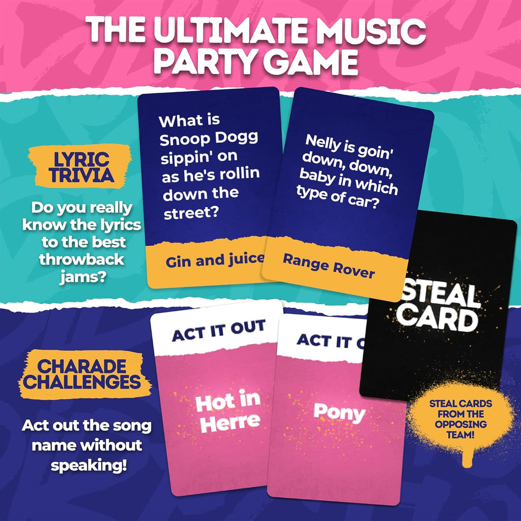 - 90S & 2000S Hip-Hop & R&B Music Trivia Card Game | 250 Cards, Playlist Included, Finish the Lyrics, Charades + Steal Cards | Adult Party Game for Game Night, Girls Night & Gifts