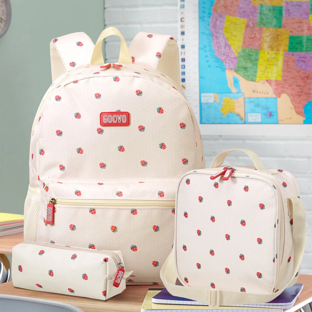 Kids Backpack for Girls, Waterproof Teens Bookbag Cute School Backpacks, Beige Strawberry Pattern