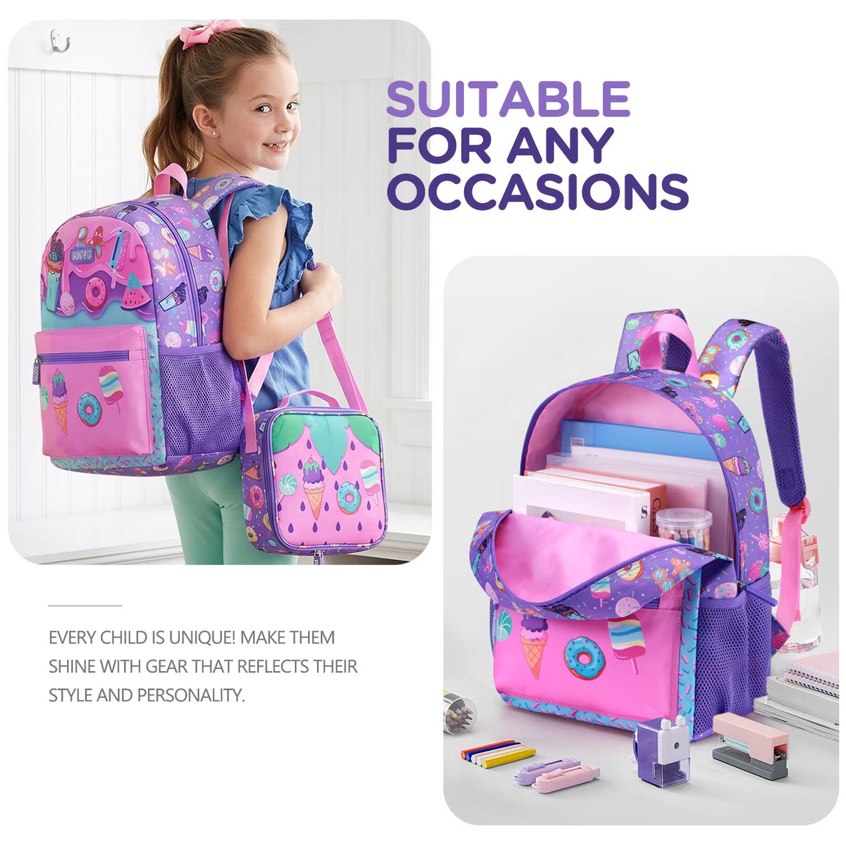 Kids Backpack for Girls, Waterproof Teens Bookbag Cute School Backpacks, Students Bookbag Set with Lunch Box(Donut)