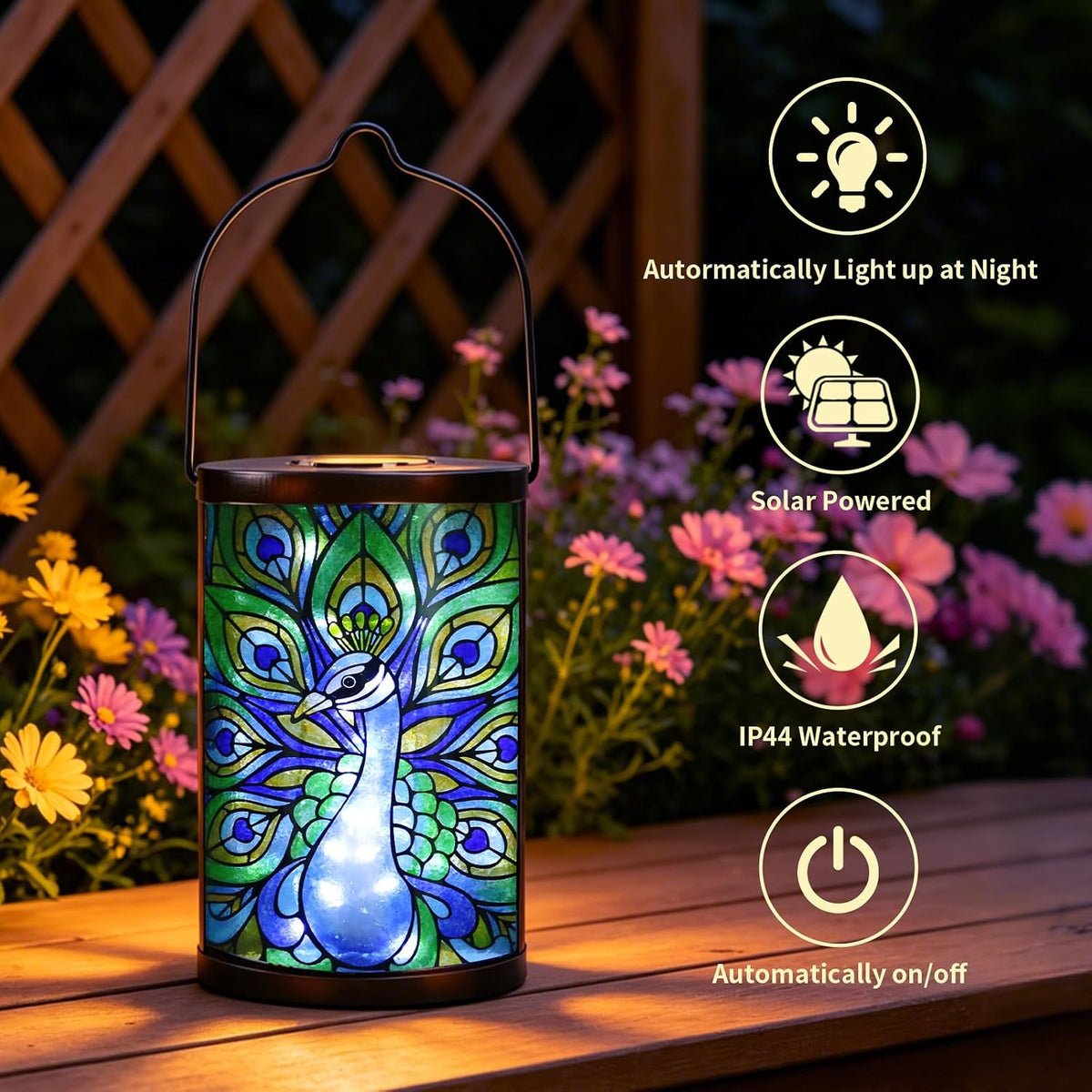 Peacock Glass Solar Lantern Waterproof Outdoor Hanging Garden Light | Raised Peacock Artwork, Colorful Fused Glass, Warm Dusk Glow, Solar Auto On/Off, Hangs or Stands on Patio, Porch and Garden