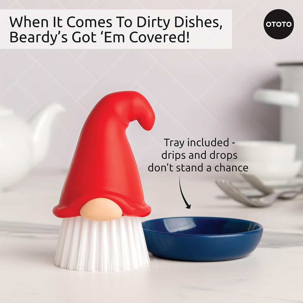 Gnome Dish Brush with Handle - Cleaning Brush, Vegetable Brush, Dish Scrub, Gnome Handle, Unique Kitchen Gadgets, Funny Kitchen Tools, Useful Gifts for Women (Beardy Red)