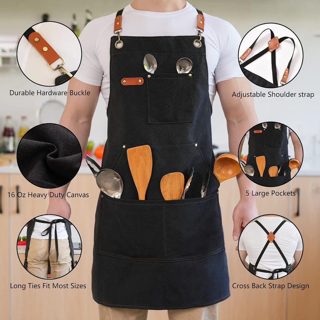 Canvas Aprons for Men Women, Heavy Duty BBQ Apron with Pockets | 100% Cotton Canvas, 16Oz Adjustable Cross Back Apron with Hardware Buckle, 32" X 27" Full Coverage, for Kitchen Grilling