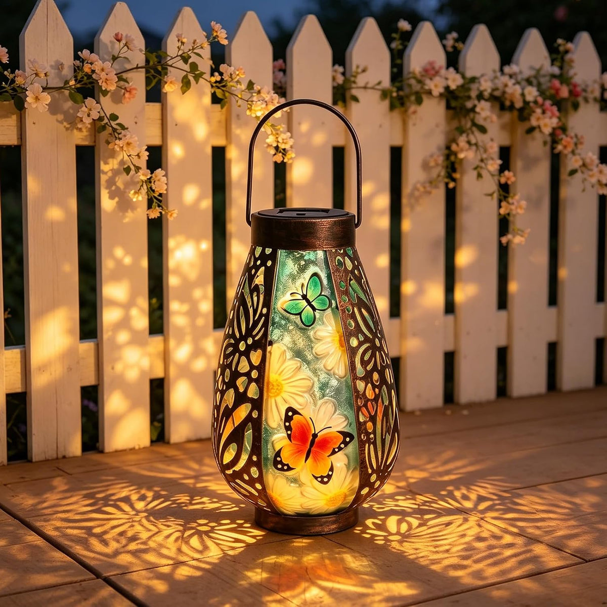 Butterfly Solar Lantern Outdoor Waterproof Hanging Garden Lights | Butterfly Artwork, Warm Glow with Floral Shadows, Solar Powered, Weather-Resistant Hanging Decor for Patio Garden and Yard