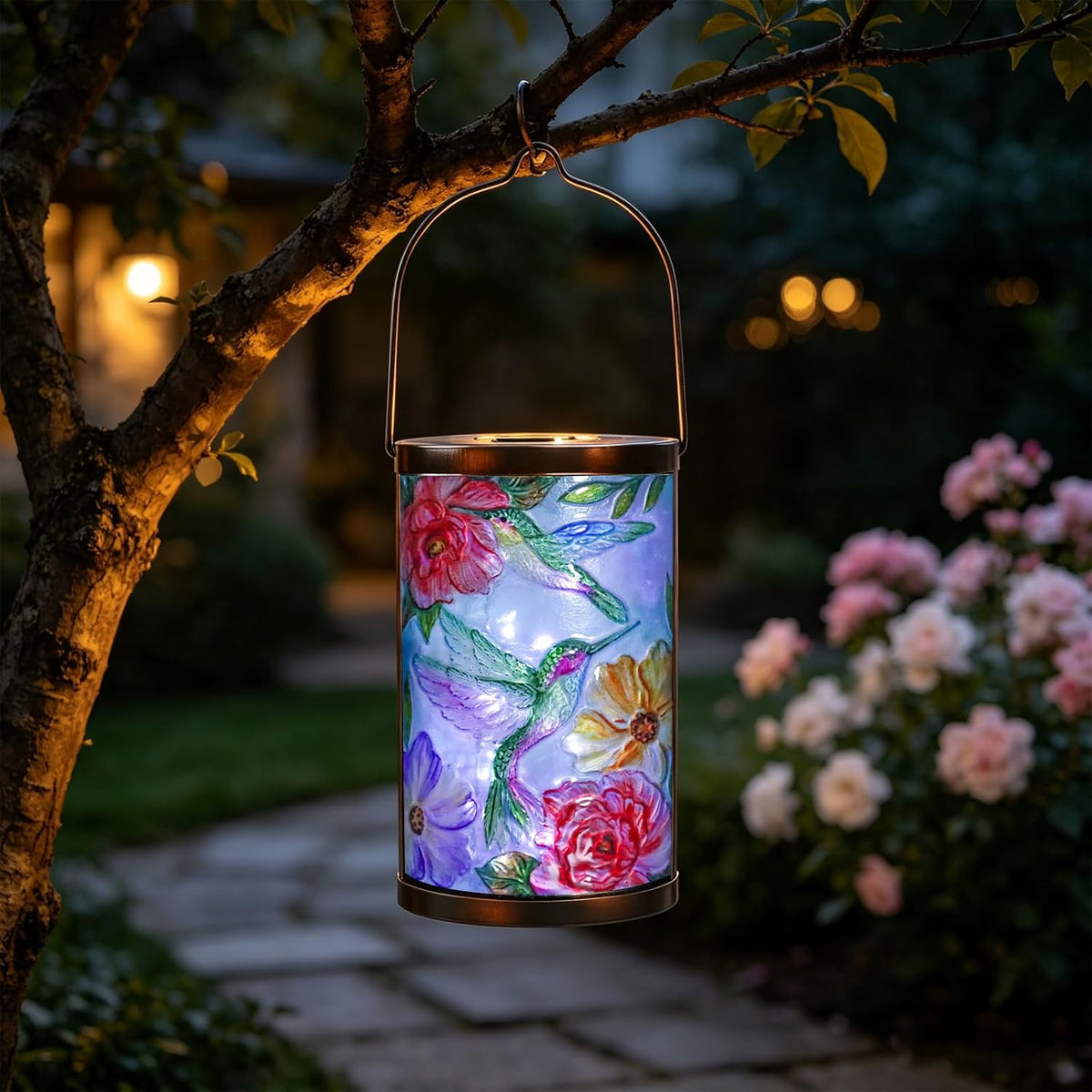 Hummingbird Solar Lantern Waterproof Outdoor Hanging Garden Light | Raised Hummingbird Artwork, Colorful Fused Glass, Warm Dusk Glow, Solar Auto On/Off, Hangs or Stands on Patio and Porch