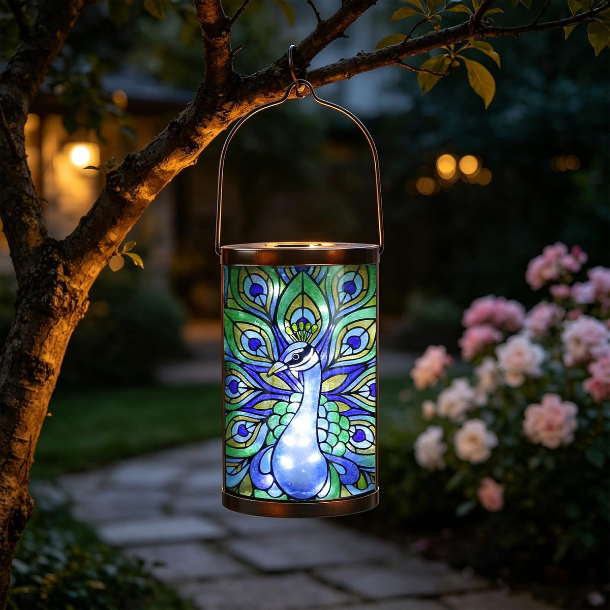 Peacock Glass Solar Lantern Waterproof Outdoor Hanging Garden Light | Raised Peacock Artwork, Colorful Fused Glass, Warm Dusk Glow, Solar Auto On/Off, Hangs or Stands on Patio, Porch and Garden