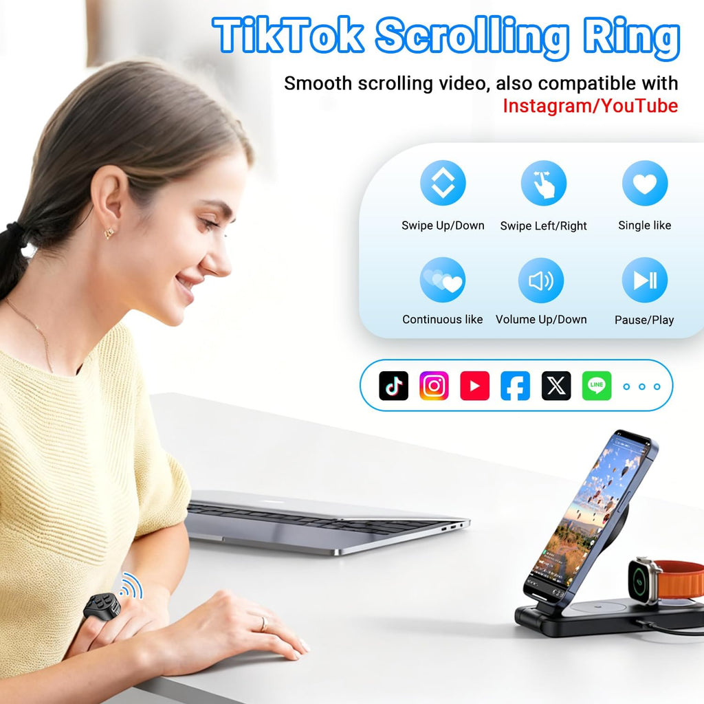 Tiktok Scrolling Ring Remote Control, Page Turner for Ipad Iphone Tablets | Wireless Camera Remote, Bluetooth Scrolling Ring for Tiktok Youtube Instagram Ios Android, Ergonomic Flexible Ring (Black)
