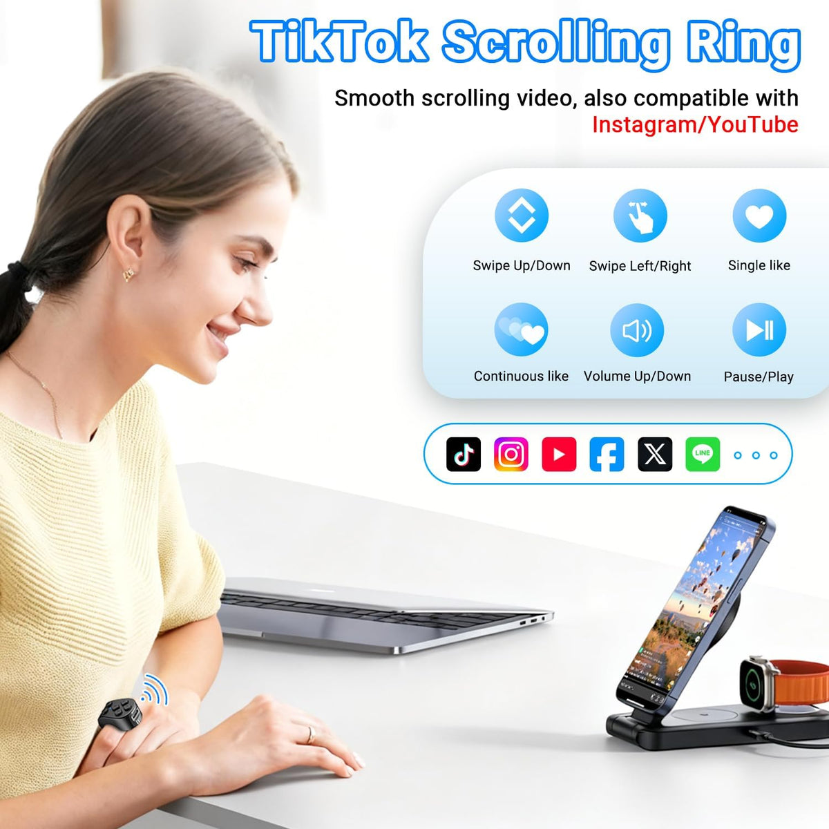 Tiktok Scrolling Ring Remote Control, Page Turner for Ipad Iphone Tablets | Wireless Camera Remote, Bluetooth Scrolling Ring for Tiktok Youtube Instagram Ios Android, Ergonomic Flexible Ring (Black)