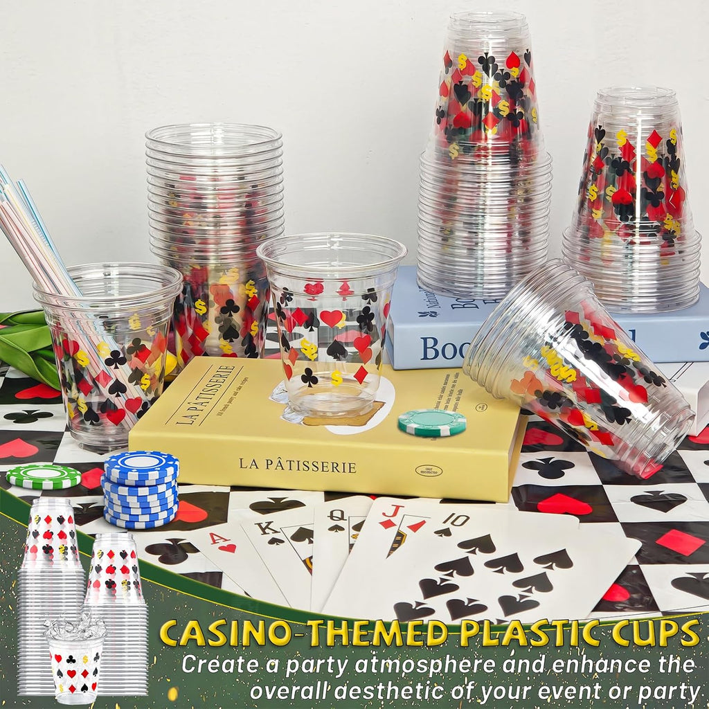 Casino Party Decorations Cups 50 Pack, Las Vegas Casino Cups 12 Oz Disposable Plastic Poker Cups with Playing Card Suits for Casino Game Night Party Supplies, Vegas Birthday Favors