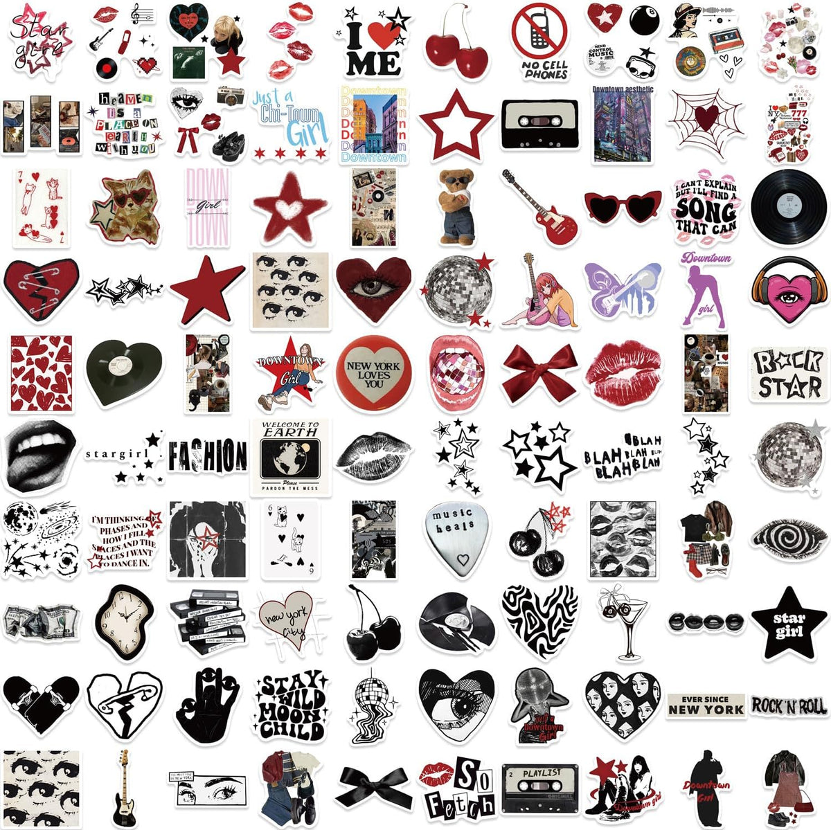 100Pcs Aesthetic Downtown Girls Stickers Pack, Aesthetic Holographic Stickers, Vinyl Waterproof Glitter Sticker, Cool Trendy Y2K Retro Sticker for Water Bottle Laptop Skateboard Party Supplies