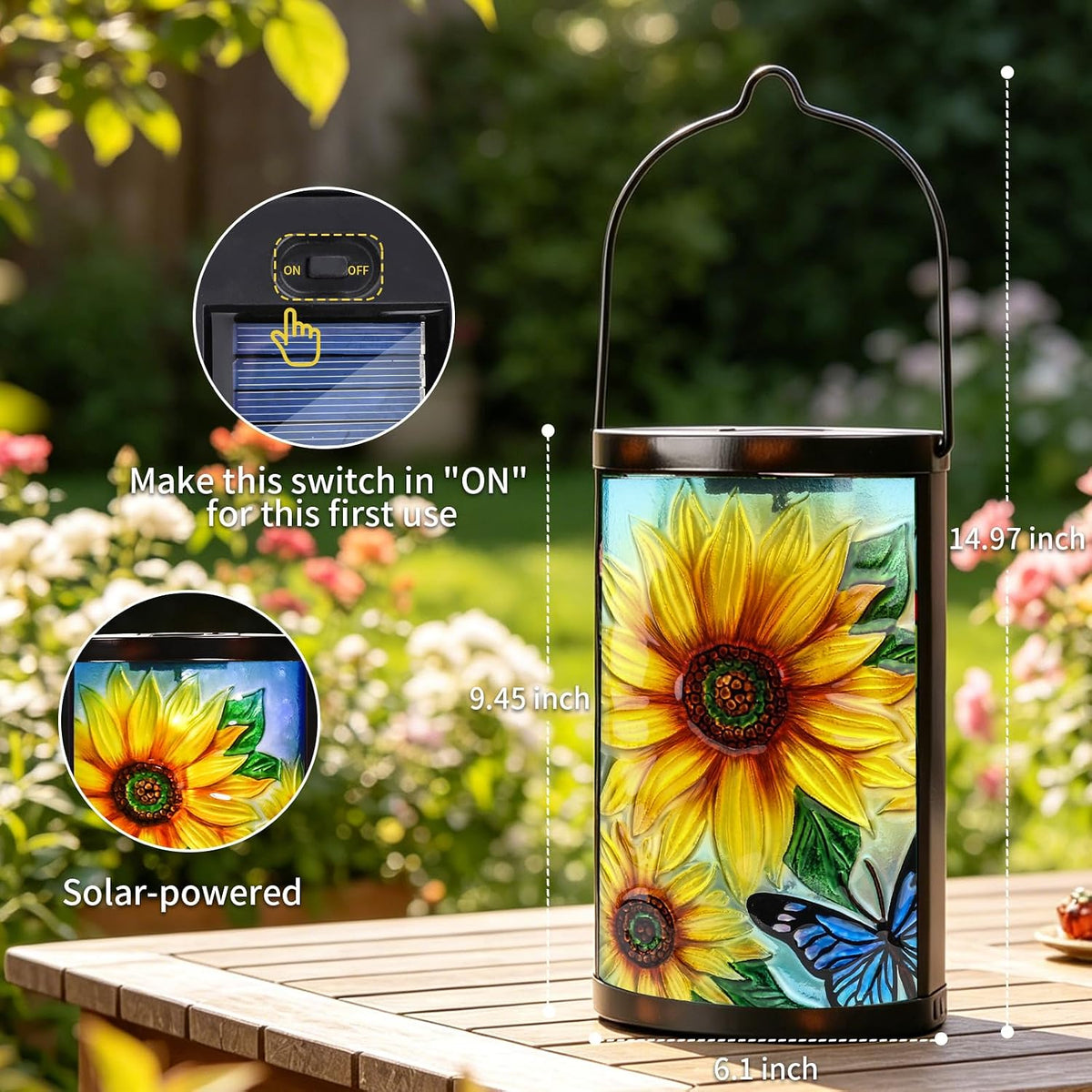 Sunflower Solar Lantern Outdoor Waterproof Hanging Garden Lights | Raised Sunflower Artwork, Colorful Fused Glass, Warm Dusk Glow, Solar Auto On/Off, Hangs or Stands on Patio, Porch and Garden
