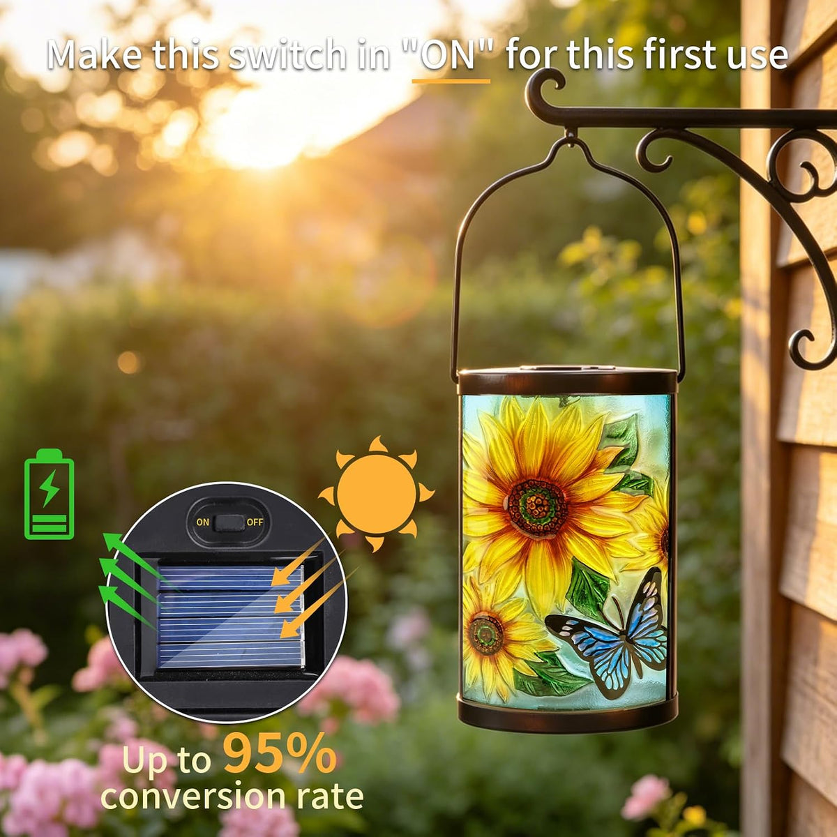 Sunflower Solar Lantern Outdoor Waterproof Hanging Garden Lights | Raised Sunflower Artwork, Colorful Fused Glass, Warm Dusk Glow, Solar Auto On/Off, Hangs or Stands on Patio, Porch and Garden
